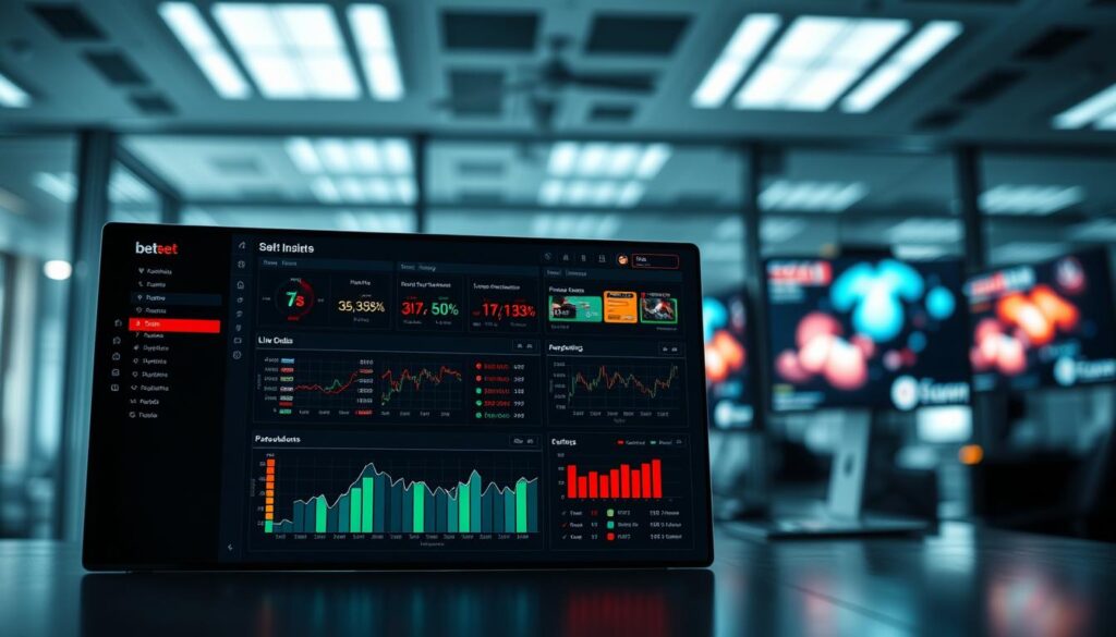 A sleek and modern premium bet tracking software dashboard displayed prominently in the foreground, showcasing a dark-themed interface with vibrant, colorful graphs and statistics. The middle ground features various betting data metrics elegantly organized, highlighting live odds, historical performance graphs, and user-friendly navigational elements. The background consists of a subtle, blurred office environment with high-tech screens, creating a focused atmosphere. Dim ambient lighting accentuates the dashboard's sleek design, with soft highlights on the interface components. The overall mood conveys sophistication and cutting-edge technology, perfect for sports betting enthusiasts seeking premium tracking solutions.