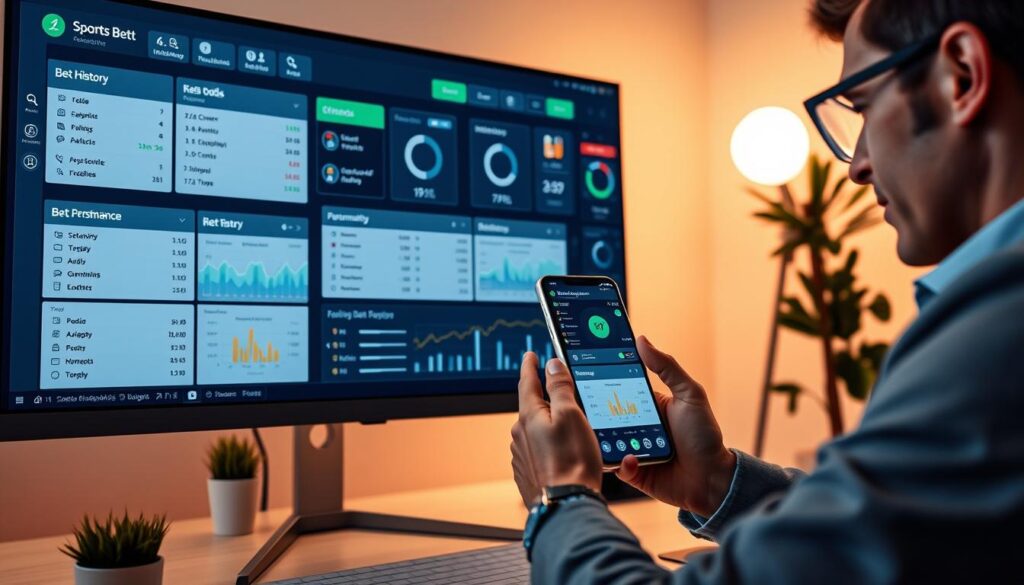 A sleek, modern sports betting apps tracking setup dashboard displayed on a high-resolution monitor, showcasing various analytics and statistics pertaining to sports bets. In the foreground, a professional in smart casual attire is intently reviewing the interface, highlighting features like real-time odds, bet history, and performance graphs. The middle layer includes a smartphone displaying the same sports betting app, emphasizing user-friendliness and sleek design. The background features a tidy, well-organized workspace with ambient lighting, reflecting a focused and productive atmosphere. The overall mood is one of concentration and efficiency, with soft, warm tones complementing the high-tech elements. The angle captures both the monitor and the user, inviting viewers into the experience of setting up an effective tracking system for sports betting.
