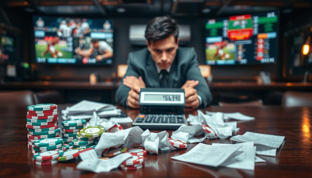 A thoughtfully composed image illustrating common sports betting budget mistakes to avoid. In the foreground, depict a stack of colorful casino chips and crumpled betting slips scattered across a polished wooden table. In the middle ground, a calculator displays an unsettling number, while a person in professional business attire leans over the table, looking frustrated, with crossed arms and a furrowed brow. In the background, a dimly lit sports bar with large screens showing various games and odds creates a realistic betting atmosphere. Soft, warm lighting enhances a serious mood, emphasizing the importance of financial awareness, while a slight depth of field focuses on the betting items in the foreground, making them the central focus of the composition.