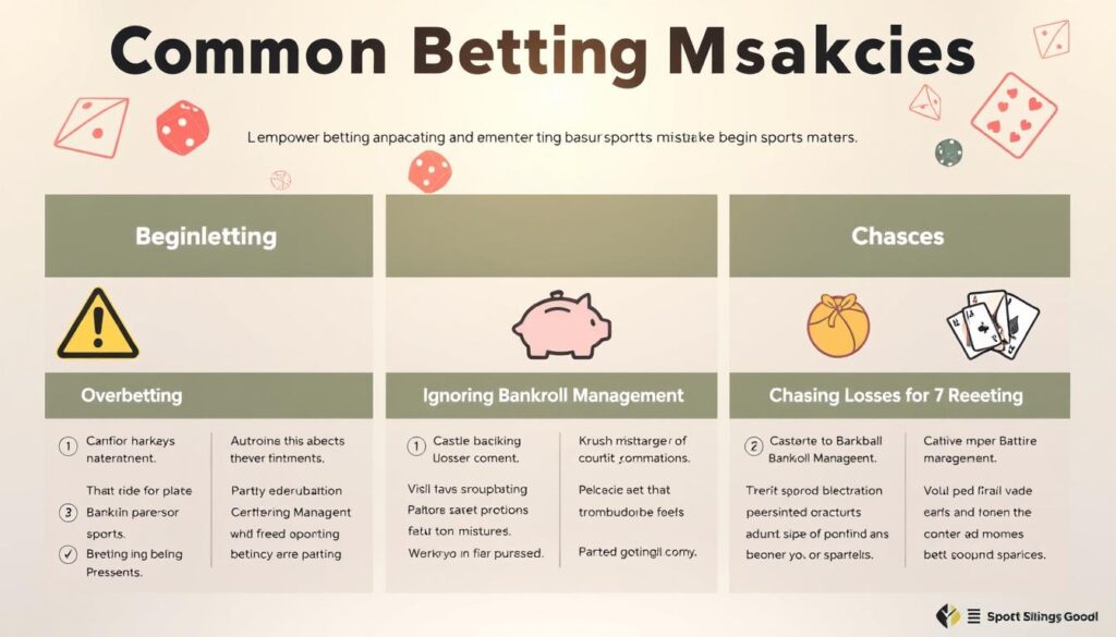 A visually engaging chart depicting common betting mistakes beginners make in sports betting. The foreground features clearly defined sections highlighting specific mistakes such as "Overbetting," "Ignoring Bankroll Management," and "Chasing Losses," each represented with distinct icons, like a caution sign or a broken piggy bank. The middle background contains a soft gradient of greens and blues to evoke a sense of calmness and clarity, while symbols of betting like dice and playing cards subtly intermingle. The overall atmosphere is educational and approachable, designed to empower beginners. Balanced lighting casts a warm glow over the chart, enhancing visibility, and inviting viewers to learn more. The perspective is slightly angled from above, allowing for a comprehensive view of the chart’s elements without any text or branding.