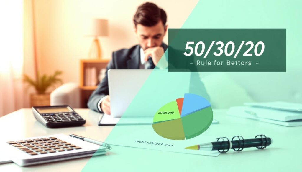 A visually engaging illustration of the "50/30/20 Rule for Bettors" focused on responsible gambling budget allocation. In the foreground, depict a well-organized workspace with a sleek desk featuring a calculator, notebook, and a clear pie chart showing the 50/30/20 budget breakdown. In the middle, showcase a professional individual in business attire, thoughtfully analyzing the budget on a laptop screen, highlighting concentration and determination. The background should feature a soft-focus view of a cozy, well-lit room with pastel colors, symbolizing a safe and inviting atmosphere for planning finances. Use warm, natural lighting to create a calm and empowering mood, emphasizing financial responsibility without any distractions or text elements.