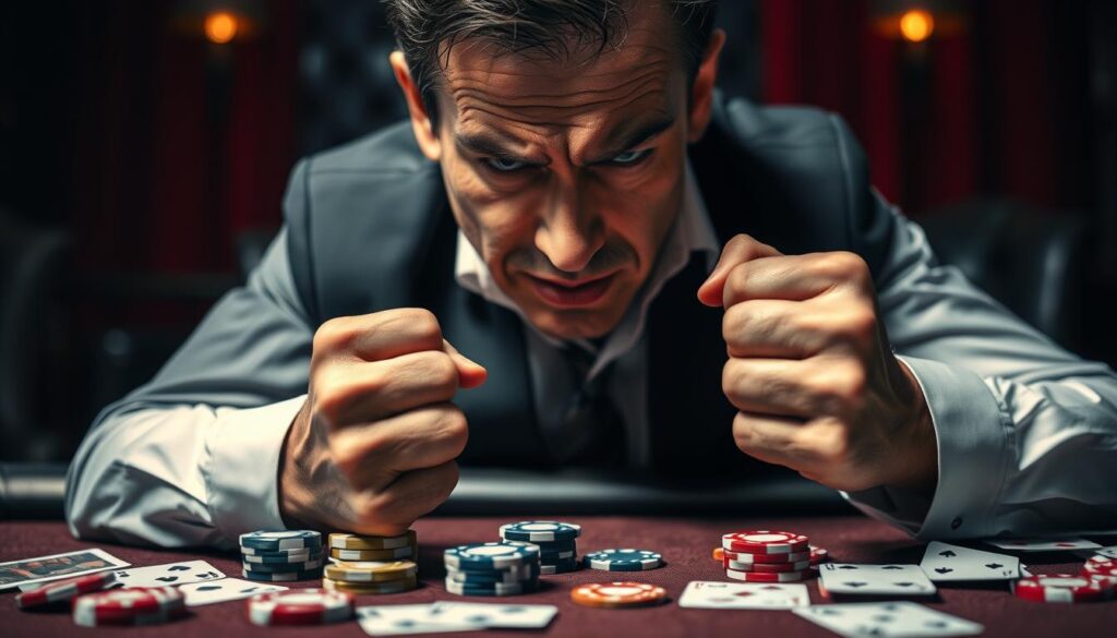 A visually striking illustration of "betting tilt warning signs detection," depicting a close-up of a distressed gambler seated at a poker table, showing signs of emotional turmoil. The foreground features the gambler's furrowed brow and tightly clenched fists, dressed in professional business attire, such as a crisp white shirt and black blazer. In the middle ground, various poker chips and playing cards are scattered chaotically, symbolizing confusion and poor judgment. The background subtly fades into shades of dark blues and reds, representing anxiety and tension. Soft, dramatic lighting casts shadows, enhancing the mood of stress and pressure associated with tilt. A high-angle perspective emphasizes the chaotic scene, capturing the essence of losing control while betting.