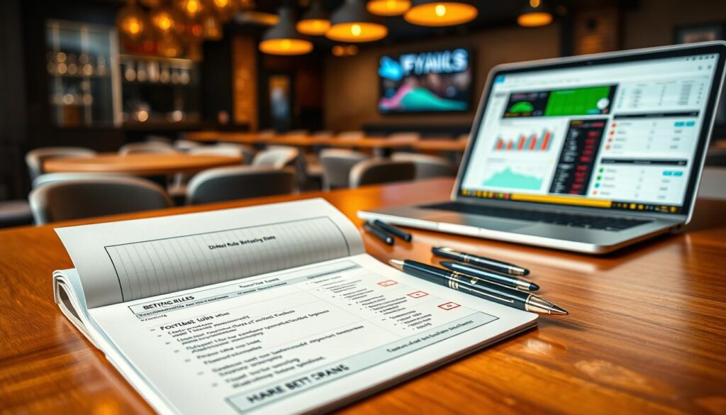 A visually striking image depicting a diversified betting rules portfolio, laid out on a sleek wooden table. In the foreground, a professional-looking notebook with neatly organized betting rules, colorful graphs, and bullet points outlining various sports types such as football, basketball, and horse racing. In the middle ground, a few elegant pens and an open laptop displaying a betting analytics dashboard. The background features a blurred image of a modern sports bar atmosphere, with soft ambient lighting creating a warm, inviting mood. The scene captures the essence of strategic thinking and careful planning, emphasizing the importance of diversification in sports betting. Shot from a slightly elevated angle to provide depth and focus on the portfolio elements, giving a sense of professionalism and engagement. A visually striking image depicting a diversified betting rules portfolio, laid out on a sleek wooden table. In the foreground, a professional-looking notebook with neatly organized betting rules, colorful graphs, and bullet points outlining various sports types such as football, basketball, and horse racing. In the middle ground, a few elegant pens and an open laptop displaying a betting analytics dashboard. The background features a blurred image of a modern sports bar atmosphere, with soft ambient lighting creating a warm, inviting mood. The scene captures the essence of strategic thinking and careful planning, emphasizing the importance of diversification in sports betting. Shot from a slightly elevated angle to provide depth and focus on the portfolio elements, giving a sense of professionalism and engagement.