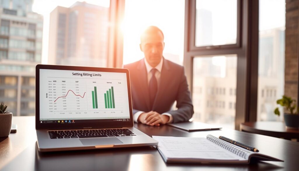 A well-organized workspace featuring a professional business environment. In the foreground, a sleek, modern desk with a laptop displaying a graphical representation of betting limits, alongside a notepad with calculations. In the middle ground, a focused individual dressed in smart business attire, deeply analyzing the data; their expression reflects concentration and determination. The background shows a large window with cityscape views, filled with a bright, warm afternoon light that casts soft shadows, creating an inspiring atmosphere. The overall mood is one of clarity and purpose, emphasizing the theme of setting effective limits. Emit a sense of control and strategic planning, inviting the viewer to consider the importance of emotional and financial boundaries in decision-making. A well-organized workspace featuring a professional business environment. In the foreground, a sleek, modern desk with a laptop displaying a graphical representation of betting limits, alongside a notepad with calculations. In the middle ground, a focused individual dressed in smart business attire, deeply analyzing the data; their expression reflects concentration and determination. The background shows a large window with cityscape views, filled with a bright, warm afternoon light that casts soft shadows, creating an inspiring atmosphere. The overall mood is one of clarity and purpose, emphasizing the theme of setting effective limits. Emit a sense of control and strategic planning, inviting the viewer to consider the importance of emotional and financial boundaries in decision-making.