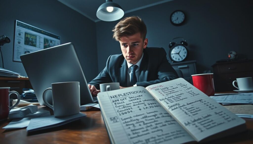 A young adult male, dressed in a smart casual outfit, sits at a cluttered table covered with betting slips and empty coffee cups, a look of frustration on his face. He is leaning forward, staring intently at his laptop, which displays fluctuating odds and sports events. In the foreground, an open notebook with hastily scrawled notes and calculations lies, symbolizing desperation and attempts to recover losses. The middle ground features a dimly lit room, with shadows extending from a single overhead light, creating a tense atmosphere. In the background, a small clock ticks ominously, emphasizing the pressure of time and decisions. The color palette is a mix of muted blues and grays, enhancing the mood of anxiety and urgency.