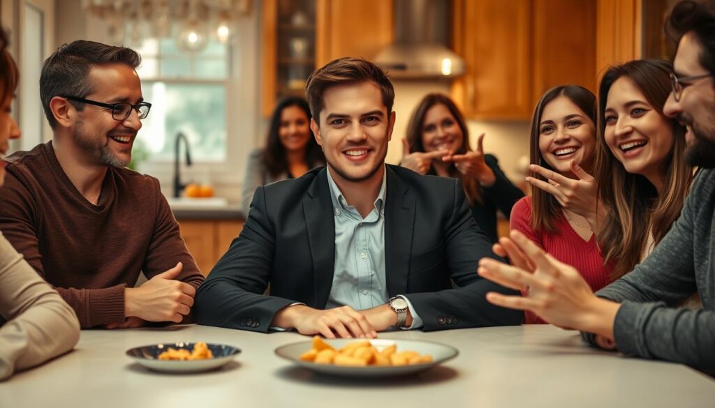 A calm and composed individual sitting at a cozy, well-lit kitchen table, engaging with a group of friends and family. The person, dressed in professional casual attire, is maintaining a serene demeanor despite the playful teasing from others. The foreground features a small plate of snacks, while the middle shows smiling faces of friends, casually dressed but friendly, playfully gesturing as they tease the central figure about betting. The background includes warm, inviting kitchen decor with soft lighting, creating a relaxed atmosphere. The scene is captured from a slightly elevated angle, enhancing the warmth and connection among the group, with a focus on body language that conveys mutual respect and understanding.