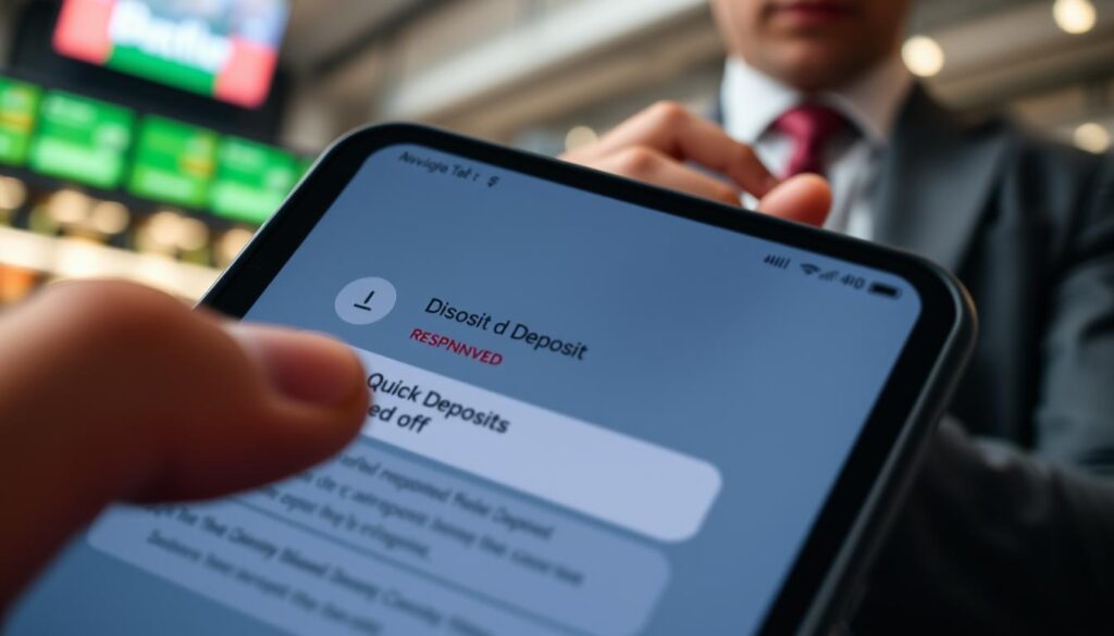 A close-up view of a digital betting interface on a modern smartphone, prominently displaying a disabled deposit feature with a clear visual indication of "Quick Deposits" turned off. In the foreground, the phone's screen shows a muted color palette, symbolizing responsible gambling, with a focus on simplicity and caution. The middle layer includes the hand of a user dressed in professional attire, interacting with the phone, conveying a sense of decision-making and control. The background features a softly blurred sportsbook environment, with gentle lighting suggesting a relaxed but serious atmosphere. The overall mood is one of careful contemplation and responsibility, emphasizing the importance of setting limits in gambling.