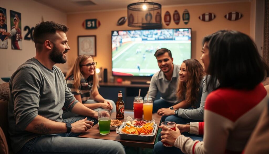 A cozy sports watch party scene centered around accountability and healthy boundaries. In the foreground, a diverse group of friends, dressed in casual but tidy clothing, are engaged in a friendly discussion while watching a game on a large screen. A young woman is pointing at a sports betting app on her phone, while a man nods thoughtfully, showcasing a supportive dynamic. In the middle, a table filled with snacks and drinks adds a lively touch, with football memorabilia decorating the background. The lighting is warm and inviting, reminiscent of a living room ambiance during an exciting match. The atmosphere is friendly and relaxed, emphasizing communication and connection, as the camera captures the scene from a mid-angle perspective to convey an engaging moment of camaraderie.