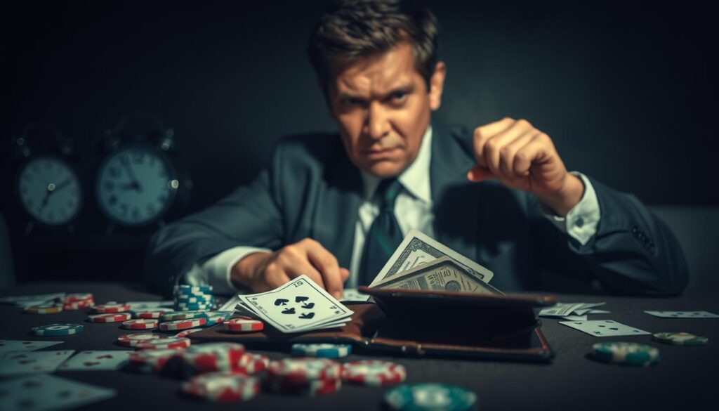 A dimly lit room captures the emotional struggle of gambling addiction, featuring a somber individual in professional attire, visibly anxious as they sit at a table littered with playing cards and casino chips. The foreground highlights their furrowed brow and clenched fists, indicating irritability. In the middle ground, a half-open wallet reveals empty slots where money used to be, signaling the chasing behavior of a gambler. The background fades into shadows, symbolizing the isolation often felt in addiction, with a solitary clock ticking ominously. Soft, dramatic lighting casts harsh contrasts on the table, enhancing the tense atmosphere, while a shallow depth of field blurs the surroundings, focusing the viewer’s attention on the individual’s emotional turmoil.