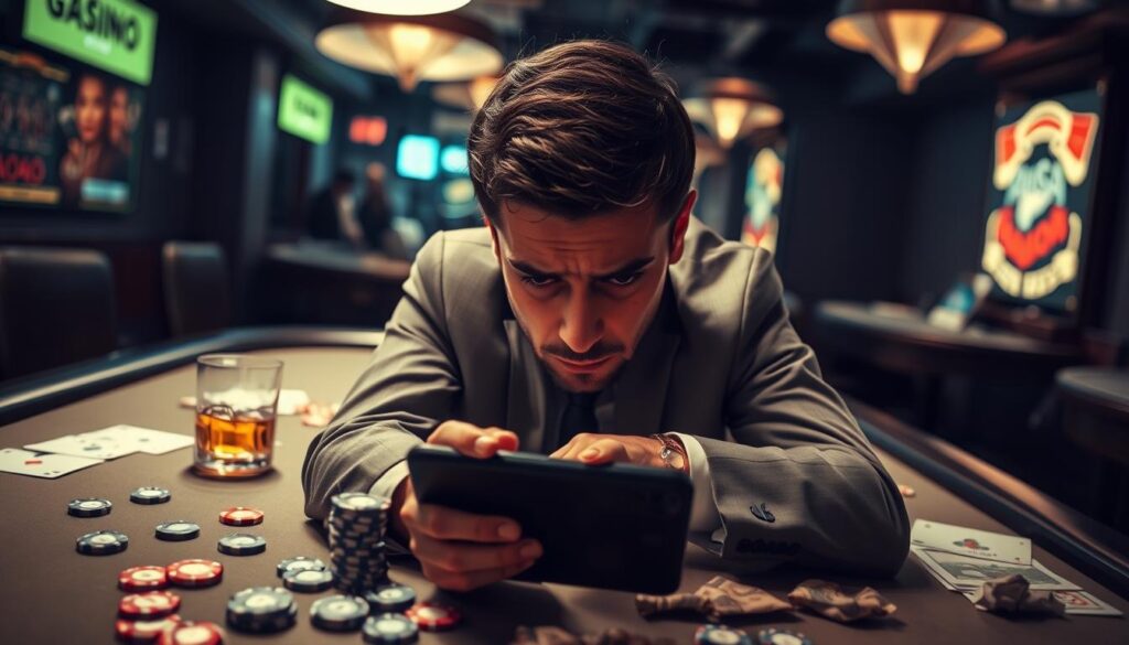 A dimly lit urban gambling environment serves as the backdrop, featuring a poker table with scattered chips and a half-empty whiskey glass, symbolizing temptation. In the foreground, a person in professional business attire sits at the table, their expression tense and conflicted, reflecting the internal struggle of gambling addiction. The middle ground highlights various signs of problem gambling, such as a smartphone displaying gambling apps, crumpled bills, and worry lines on the person's forehead. Soft, ambient lighting casts shadows, enhancing a mood of anxiety and urgency. The scene is viewed from a slightly elevated angle, giving a sense of overview to the chaotic environment, while maintaining focus on the individual's emotional state.