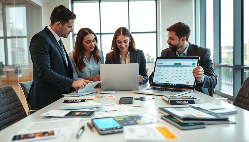 A professional setting depicts a diverse group of three individuals, one woman and two men, collaboratively troubleshooting sportsbook payment options. The foreground features a modern conference table cluttered with banking statements, mobile devices showing betting apps, and payment option pamphlets. In the middle ground, the three colleagues are engaged in a discussion, one pointing at a laptop screen displaying financial charts related to deposits and withdrawals. The background shows a well-lit office space with large windows, allowing natural light to filter through, enhancing the approachable atmosphere. The individuals wear professional business attire, projecting a focused and constructive mood. The scene captures the essence of problem-solving and teamwork in a financial context without any text or distractions.