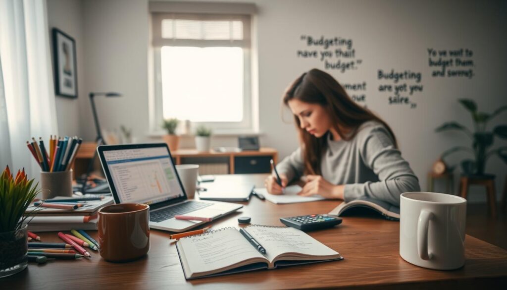 A serene and inviting study environment for college students, featuring a wooden desk cluttered with colorful stationery, a small laptop displaying a budgeting spreadsheet, and a notepad filled with handwritten budget tips. In the foreground, a student in modest casual clothing, focused and engaged, is writing down notes, while a calculator rests nearby. The middle ground includes a plant to add a touch of greenery and a coffee mug, enhancing the cozy atmosphere. In the background, soft natural light filters through a window, illuminating motivational quotes on the wall about financial responsibility. Capture the mood of tranquility and determination, emphasizing the importance of budgeting in a young adult's lifestyle. Use a warm color palette and a slightly blurred depth of field to focus on the student and the budgeting tools at hand. A serene and inviting study environment for college students, featuring a wooden desk cluttered with colorful stationery, a small laptop displaying a budgeting spreadsheet, and a notepad filled with handwritten budget tips. In the foreground, a student in modest casual clothing, focused and engaged, is writing down notes, while a calculator rests nearby. The middle ground includes a plant to add a touch of greenery and a coffee mug, enhancing the cozy atmosphere. In the background, soft natural light filters through a window, illuminating motivational quotes on the wall about financial responsibility. Capture the mood of tranquility and determination, emphasizing the importance of budgeting in a young adult's lifestyle. Use a warm color palette and a slightly blurred depth of field to focus on the student and the budgeting tools at hand.