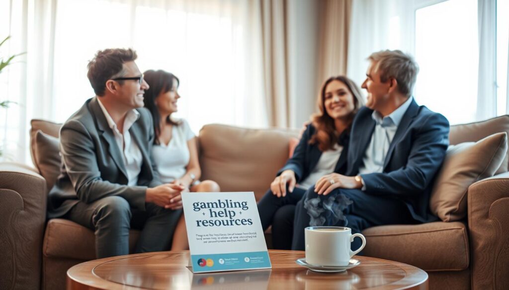 A serene home setting with a cozy living room filled with natural light. In the foreground, two friends or family members, one male and one female, are engaged in a warm conversation, sitting on a comfortable couch. They are dressed in professional business attire, conveying a sense of support and empathy. The middle ground features a small coffee table with a brochure titled "Gambling Help Resources" and a steaming cup of tea, symbolizing conversation and care. In the background, light filters through a window adorned with soft curtains, adding to the tranquil atmosphere. The overall mood is hopeful and supportive, emphasizing the importance of helping someone facing gambling issues. The scene is well-lit with soft, diffused lighting that highlights the emotions of concern and solidarity present in the interaction.