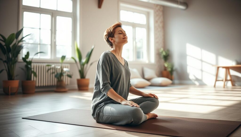 A serene indoor space with a soft, natural light filtering through large windows, creating a calming atmosphere. In the foreground, a person in modest casual clothing, practicing the tilt control breathing technique, sitting in a comfortable position on a yoga mat. Their eyes are closed, and a look of tranquility is visible on their face, enhancing the focus on their breathing. In the middle ground, a cozy room featuring plants and a small, inviting space for relaxation, with soft cushions and a serene ambiance. The background shows a peaceful, minimalistic environment, promoting mindfulness and reset. The angle captures both the practitioner and the inviting surroundings, emphasizing a moment of calm and self-reflection. The overall mood is soothing and restorative, inspiring viewers to engage in their own reset routines.