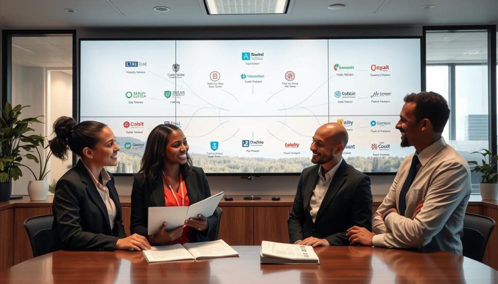 A serene office environment showcasing various state and provincial programs dedicated to mental health and self-exclusion. In the foreground, a diverse group of three professionals in business attire discusses documents with smiling expressions, symbolizing collaboration and support. The middle layer features a large, modern screen displaying various state logos and helplines, with interconnected paths leading to different states and provinces, representing accessibility. The background includes soft-focus images of nature and calming colors to enhance the atmosphere of tranquility and hope. The lighting is bright and warm, casting a positive glow throughout the office. The mood is one of support, safety, and professionalism, inviting viewers to connect with available resources.