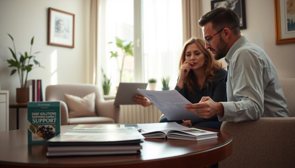 A serene office environment with a cozy, welcoming feel. In the foreground, a professional financial counselor, dressed in business attire, is seated at a desk, thoughtfully reviewing financial documents with a concerned yet hopeful client, who appears in modest casual clothing. The middle ground features a table with various financial brochures about debt solutions and responsible gambling support, conveying accessibility and support. In the background, soft natural light filters through a window, casting a warm, inviting glow over the scene. The overall atmosphere is empathetic and supportive, capturing the essence of financial counseling as a refuge for those seeking help with gambling-related issues. The angle should create a sense of connection between the counselor and the client, highlighting a trusting conversation.