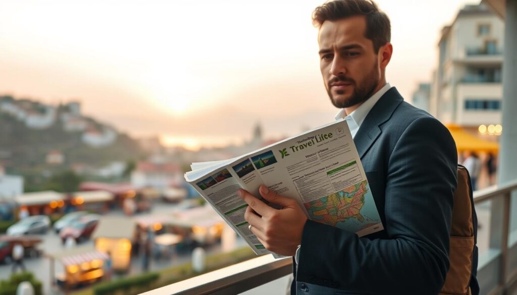 A serene travel scene depicting a split view of a person navigating the challenges of travel while maintaining healthy habits. In the foreground, a well-dressed individual holding a travel guidebook, with a focused expression, represents "understanding" their options. The middle ground features a beautiful landscape of a popular travel destination, with a subtle indication of temptations in the form of colorful local markets and leisure activities. In the background, a light sunset casts a warm glow, creating an inviting atmosphere. The overall mood is reflective yet hopeful, captured with soft lighting and a slightly blurred depth of field to emphasize the central figure's commitment to self-control amidst alluring distractions.