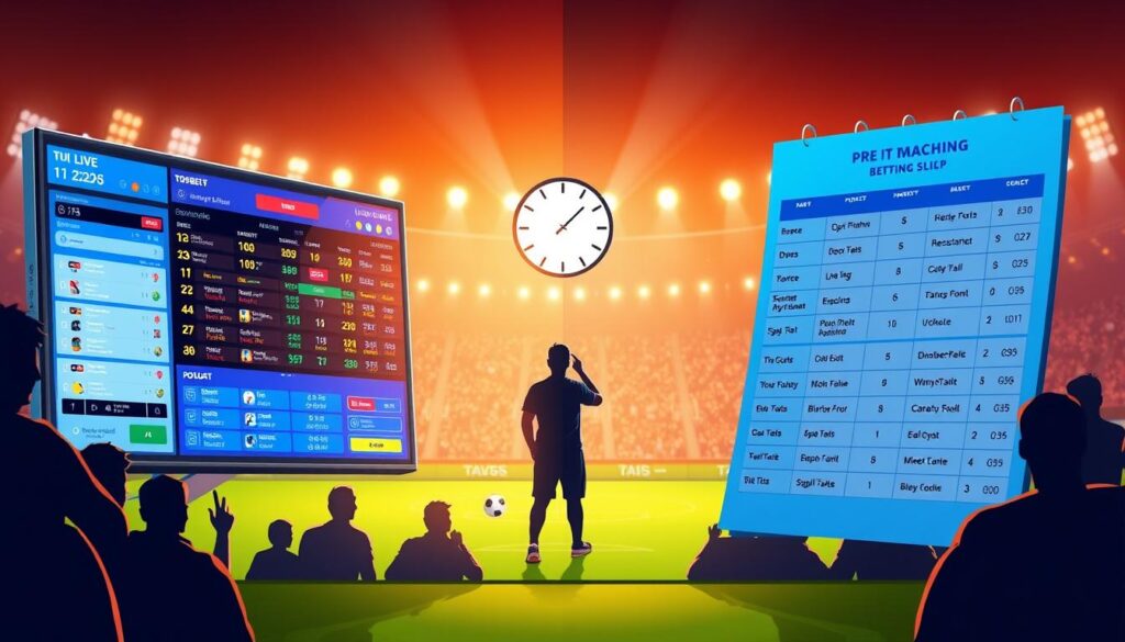 A split-screen illustration depicting the concepts of live betting and pre-match betting in sports. In the foreground, on the left side, a digital representation of a live betting interface with flashing odds and real-time updates, highlighted in vibrant colors. On the right side, an organized view of a pre-match betting slip showcasing various sports events with fixed odds, presented in a calm blue palette. In the middle ground, elements like a clock ticking to indicate live action and a calendar symbolizing scheduled matches, blending together seamlessly. In the background, silhouettes of sports fans watching a game, creating an immersive atmosphere of excitement, tension, and anticipation. The scene should be well-lit with a warm tone to evoke a sense of engagement and enthusiasm in sports wagering.