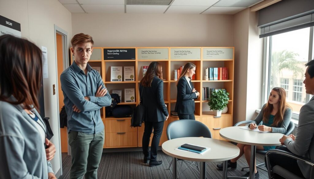 A university counseling office interior, emphasizing the theme of peer pressure among students. In the foreground, a young adult dressed in modest casual clothing looking conflicted, surrounded by peers wearing business attire, some encouraging and others pressuring him. The middle ground features a consultation room with a round table where a counselor is interacting with another student, illustrating support and guidance. The background includes shelves filled with brochures about responsible betting and mental health resources, with natural light streaming in through a window, creating a warm, inviting atmosphere. The angle captures the dynamic conversations and interactions, conveying the importance of seeking help in a subtle, respectful manner. The overall mood is serious yet hopeful, symbolizing the support available on campus. A university counseling office interior, emphasizing the theme of peer pressure among students. In the foreground, a young adult dressed in modest casual clothing looking conflicted, surrounded by peers wearing business attire, some encouraging and others pressuring him. The middle ground features a consultation room with a round table where a counselor is interacting with another student, illustrating support and guidance. The background includes shelves filled with brochures about responsible betting and mental health resources, with natural light streaming in through a window, creating a warm, inviting atmosphere. The angle captures the dynamic conversations and interactions, conveying the importance of seeking help in a subtle, respectful manner. The overall mood is serious yet hopeful, symbolizing the support available on campus.