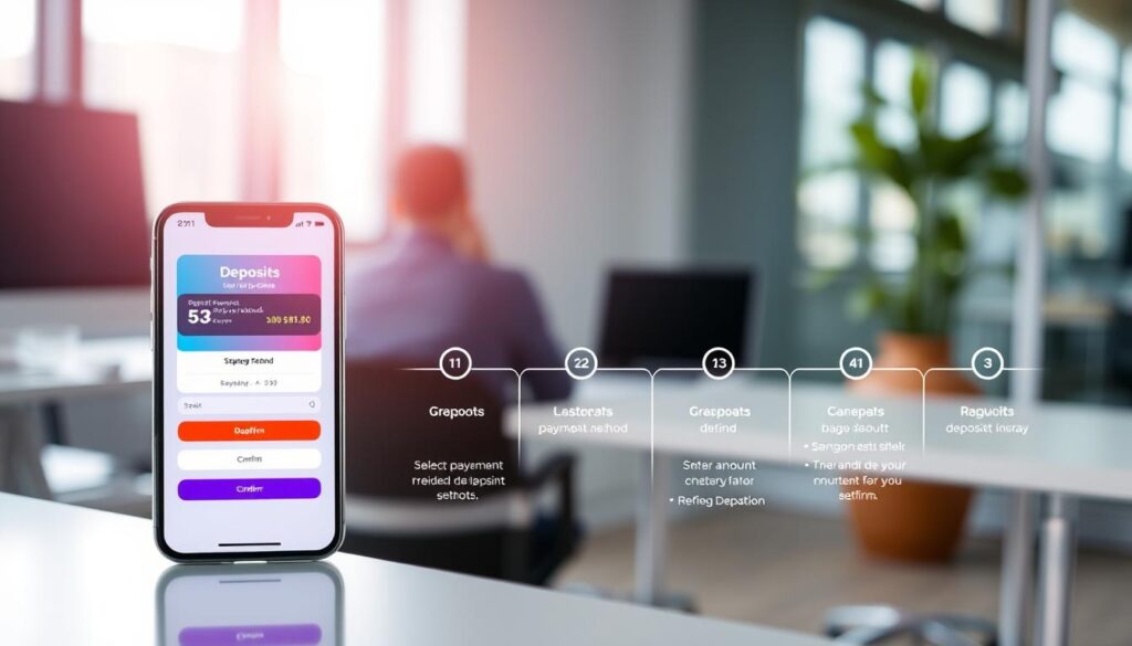 A visually detailed step-by-step deposit process illustration, intended for new bettors. Foreground: a clear, polished smartphone interface displaying a deposit screen, with vibrant buttons and a user-friendly layout. Middle: a well-organized timeline showcasing each step of the deposit process, with visually distinct icons representing actions like 'Select payment method', 'Enter amount', and 'Confirm'. Background: a softly blurred modern office environment, evoking a sense of professionalism, with natural daylight streaming through a window. The atmosphere is engaging yet straightforward, aiming to ease the users' anxiety around the deposit process. Use a slight overhead angle to emphasize the smartphone and timeline, enhancing clarity.