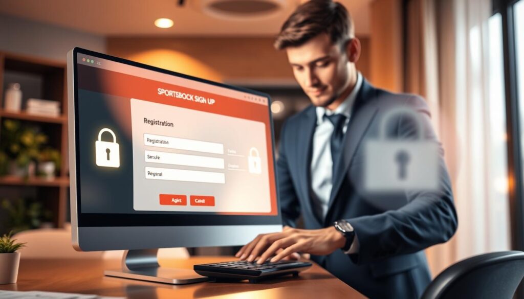 A visually engaging digital illustration depicting the concept of sportsbook sign-up security features. In the foreground, a modern computer screen displays a sleek sportsbook registration interface with security icons (like padlocks and shields) glowing subtly. The middle layer reveals a professional individual, dressed in smart business attire, focusedly interacting with the registration menu, typing on a keyboard. Behind them, a softly blurred background showcases a cozy yet professional office environment with warm lighting, casting gentle shadows that create an inviting atmosphere. The overall mood should convey security and trust, emphasizing the importance of safeguarding personal information during online betting registration. The composition should be captured from a slightly elevated angle to provide a comprehensive view of the registration screen and the individual’s engagement.