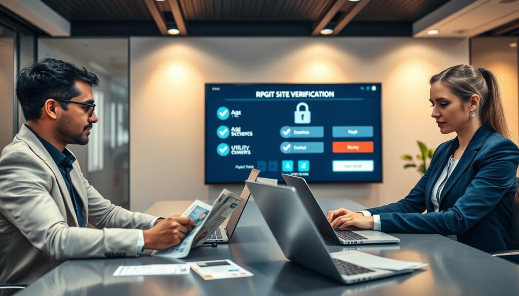 A visually engaging scene depicting a sports betting site registration verification process. In the foreground, a diverse group of three professionals (one male and two female) dressed in smart business attire is seated at a modern desk, each using laptops. They are reviewing identity documents like a driver's license and a utility bill placed on the table. In the middle ground, a large screen displays a verification interface with checkmarks and security icons, symbolizing the successful completion of age and identity verification. The background showcases a sleek office environment with soft, warm lighting to create a welcoming atmosphere. The shot is taken from a slight angle to emphasize the collaboration and professionalism of the verification process. The mood is focused and serious, reflecting the importance of security in online betting.