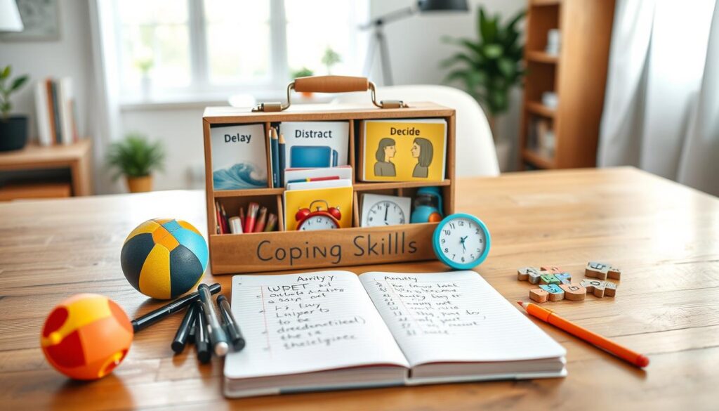 A well-organized toolkit for coping skills sits on a wooden table, filled with various colorful items representing useful techniques such as urge surfing, delay, distract, and decide. In the foreground, a small, open notebook filled with handwritten notes and a set of pens; next to it, a vibrant anxiety ball, a timer, and a small puzzle. In the middle ground, the toolkit has compartments displaying images and symbols for each coping skill, such as waves for urge surfing and a clock for delay. The background features a soft-focus, serene home office with natural light filtering through a window, creating a calm atmosphere conducive to reflection and strategy. Aim for a balanced composition emphasizing the toolkit, inviting exploration and use.