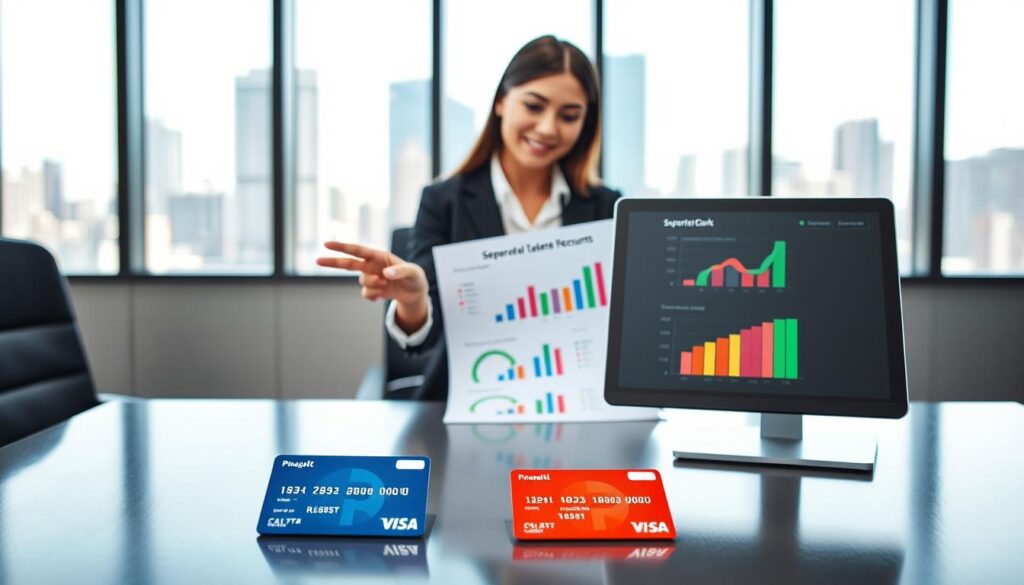 In a professional office setting, depict a well-organized workspace focused on financial management. In the foreground, a sleek desk features two neatly labeled separate bank cards and a digital screen displaying financial charts with color-coded separate accounts. In the middle, a person dressed in professional business attire, a young woman, gestures towards a financial planning document with focused intent, illustrating the concept of card limits and money safeguards. The background softly fades into a modern office with large windows showing a city skyline, allowing natural light to illuminate the scene, creating a bright and encouraging atmosphere. The overall mood is one of clarity, professionalism, and financial empowerment, suggesting control over personal finances.