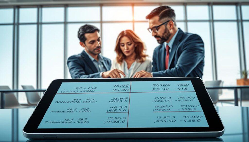 A detailed illustration depicting the concept of converting odds to probability. In the foreground, a close-up of a digital tablet showing numerical formulas and conversions between American, Decimal, and Fractional odds. In the middle, a diverse group of professionals—two men and a woman, dressed in business attire—collaborate around a sleek glass table, discussing the data, with one pointing at the tablet's screen. The background features a bright, modern office space with large windows letting in soft daylight, flaring slightly for an inviting atmosphere. The overall mood is focused and collaborative, with a subtle air of sophistication, emphasizing clarity in the educational context. Use a high standard of lighting to highlight the faces of the professionals and the details on the tablet.