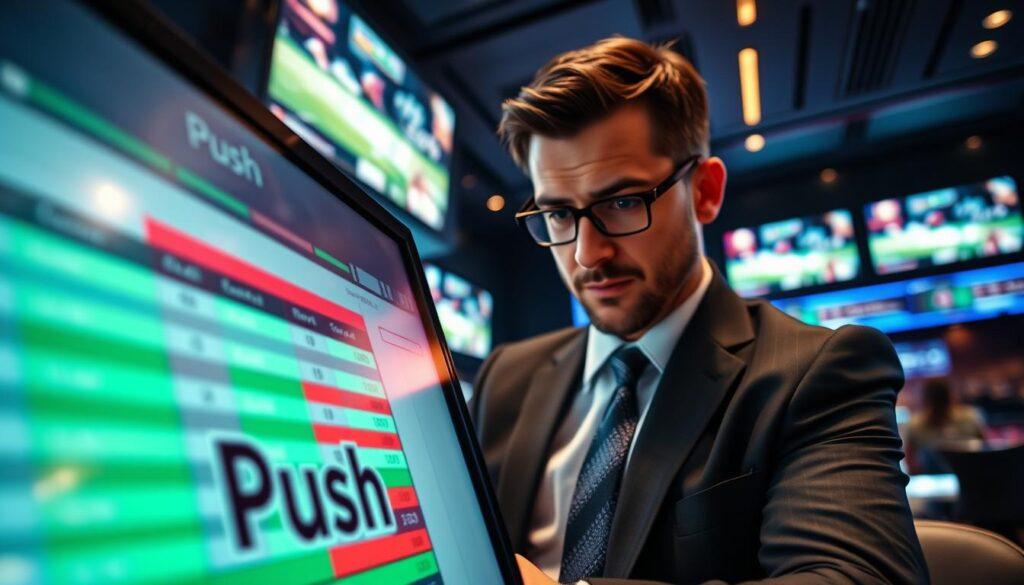 A dramatic close-up of a sports betting screen displaying a "push" bet result. In the foreground, the screen shows a vibrant, well-organized layout with green and red sections indicating different bet statuses. The middle features a confident sports bettor in professional attire, intently analyzing the results, their expression reflecting curiosity and engagement. In the background, a sleek, modern sports bar with screens displaying various sporting events, with soft ambient lighting creating a focused environment, the light subtly highlighting the screen's details. The mood is tense yet exciting, capturing the anticipation of betting outcomes. The composition uses a shallow depth of field, keeping attention on the betting screen and the bettor's expression without distractions.
