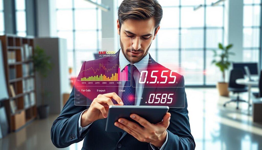 A dynamic and informative illustration depicting the concept of "fair odds vs offered odds" in line shopping. In the foreground, a well-dressed professional analyzing odds on a digital tablet, showcasing a focused expression. The middle layer features a transparent overlay of colorful graphs and statistics, representing fair odds, while contrasting with flashing numbers indicating offered odds. In the background, a modern office setting with large windows allowing bright natural light to filter in, creating a vibrant and analytical atmosphere. The camera angle is slightly above eye level, providing a comprehensive view of the workspace. Emphasize clarity and sharpness to highlight the intricate details of the odds display, enhancing the overall mood of professionalism and insight.