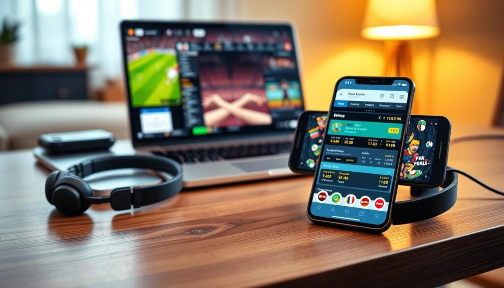 A modern mobile betting setup displayed on a sleek wooden desk, featuring a high-end smartphone showing a vibrant sports betting app interface with colorful odds and team logos. In the foreground, a pair of professional, stylish headphones lies beside the phone, indicating an immersive gaming experience. The middle ground features a laptop with a live sports game streaming on the screen, creating an engaging atmosphere. The background is softly blurred, revealing a cozy room with warm lighting from a desk lamp, enhancing a focus on the tech setup. The overall mood is dynamic and inviting, reflecting enthusiasm for mobile sports betting. The scene should be captured from a slightly elevated angle, showcasing the device details while maintaining a clean and professional appearance without any text or watermarks.