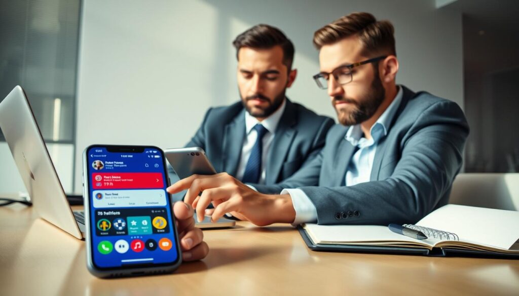 A modern, well-dressed man in business attire, sitting at a sleek, clutter-free desk while focused on his smartphone, managing mobile betting notifications. His expression shows concentration and engagement as he swipes through alerts. In the foreground, a vibrant smartphone screen displays various betting notifications, with colorful icons indicating live games and updates. The middle ground includes a stylish laptop with a partially open betting app, alongside a notepad and pen for taking notes. The background features a bright, minimalistic office with soft natural lighting streaming in from a window, creating a calm and professional atmosphere. The overall mood conveys a seamless integration of technology and organization in the world of mobile sports betting.