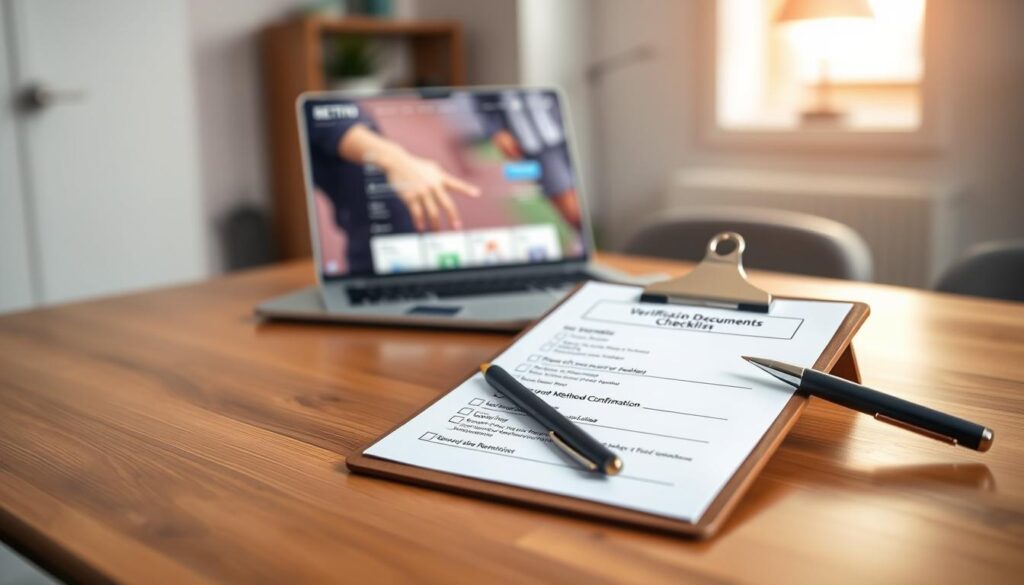 A neatly organized verification documents checklist for first-time withdrawal in online betting. Foreground: A clean, wooden desk featuring a checklist on a clipboard, with a pen placed beside it. The checklist is visibly filled with categories like "ID Verification," "Proof of Address," and "Payment Method Confirmation." Middle: A blurred laptop showing a betting website on the screen, emphasizing a focus on online wagering. Background: Soft-focused office environment with warm, natural lighting filtering through a nearby window, creating a welcoming atmosphere. The overall mood is professional and informative, suggesting trustworthiness and clarity, ideal for guiding users through the verification process.