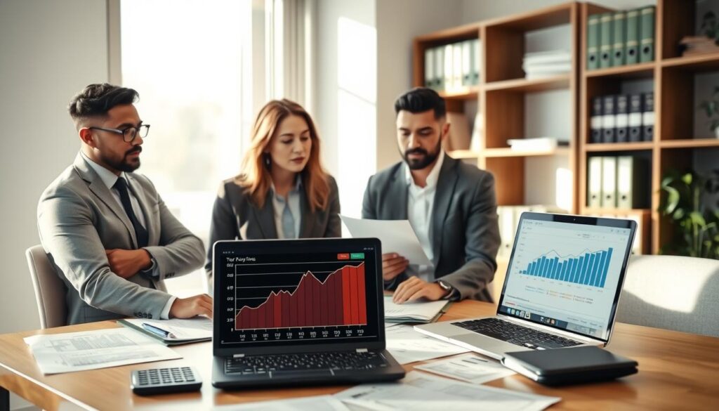 A professional-looking office scene where a diverse group of three individuals—two men and one woman—are engaged in a discussion about sportsbook payouts. The foreground features a modern desk covered with documents, a calculator, and a laptop displaying a graph representing betting statistics. In the middle ground, the individuals are dressed in business attire, with focused expressions as they analyze financial reports. Soft, natural lighting streams in from a window, casting gentle shadows that create a warm and inviting atmosphere. In the background, a bookshelf filled with financial manuals and a potted plant adds depth to the image, emphasizing an environment of professionalism and careful consideration regarding tax and reporting matters for bettors.