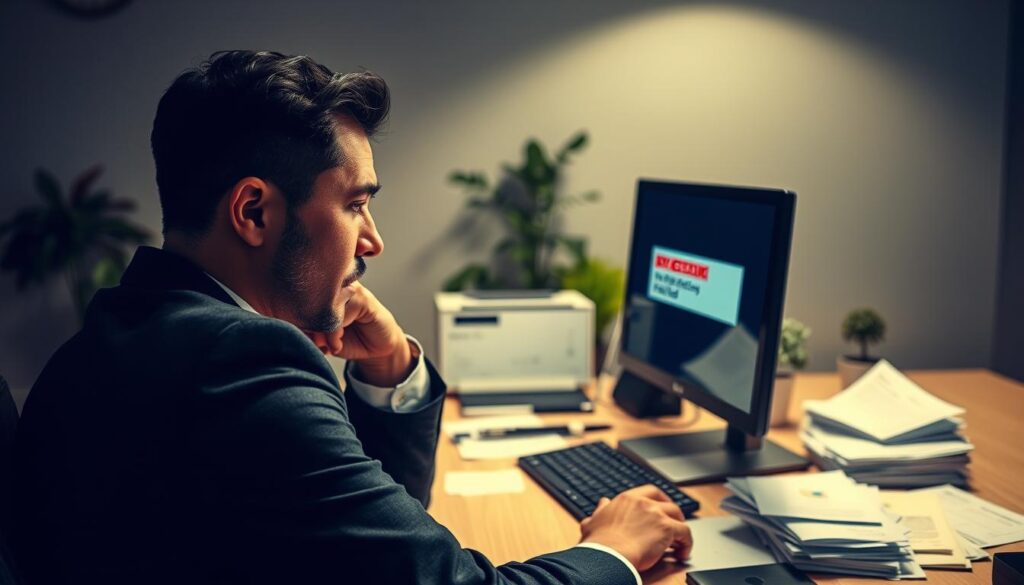 A professional office environment featuring a stressed-out individual seated at a desk, looking at a computer screen displaying an alert for "KYC Verification Failed." In the foreground, the person is dressed in business attire, their expression reflecting concern and uncertainty. The middle layer includes the computer screen with bright red error notifications, and a pile of documents related to identity verification scattered on the desk. In the background, subtle elements like office plants and muted lighting create a focused yet tense atmosphere. The lighting is soft, highlighting the person's face and the screen, while the angle captures the complexity of the verification process, evoking a sense of urgency and importance in account security. A professional office environment featuring a stressed-out individual seated at a desk, looking at a computer screen displaying an alert for "KYC Verification Failed." In the foreground, the person is dressed in business attire, their expression reflecting concern and uncertainty. The middle layer includes the computer screen with bright red error notifications, and a pile of documents related to identity verification scattered on the desk. In the background, subtle elements like office plants and muted lighting create a focused yet tense atmosphere. The lighting is soft, highlighting the person's face and the screen, while the angle captures the complexity of the verification process, evoking a sense of urgency and importance in account security.