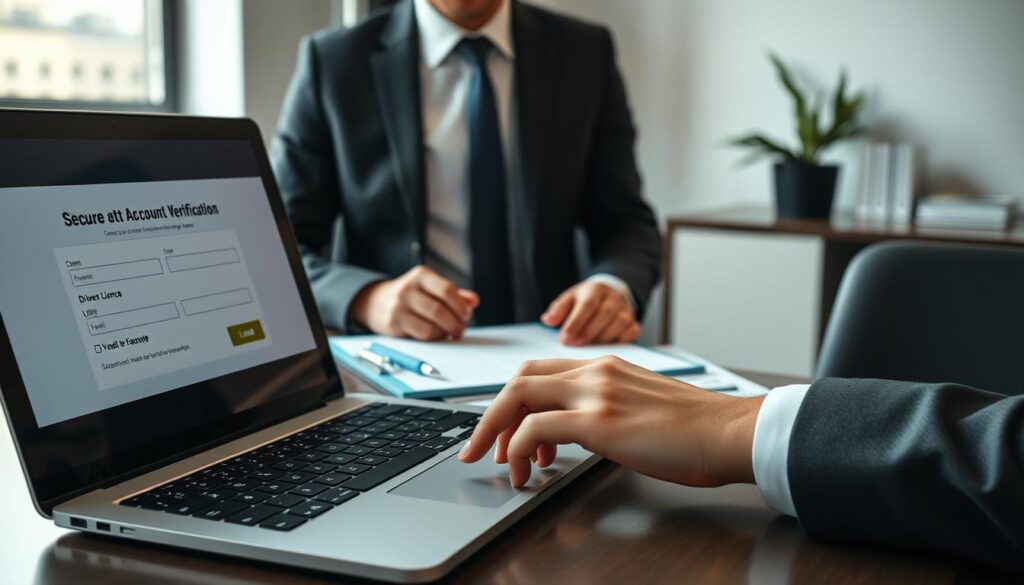 A professional office setting where an individual in smart business attire reviews documents for account verification. In the foreground, a laptop displays an open secure betting account verification form, with a finger poised over the keyboard as if preparing to click. The middle ground features a neatly organized desk with a pen, notepad, and a clipboard with identification documents, such as a driver's license and utility bill, ensuring privacy and security are emphasized. In the background, soft lighting highlights a modern, clean design, with minimalistic decor that conveys professionalism and safety. The atmosphere is focused and secure, highlighting the importance of safe verification processes, with natural light streaming in from a window, casting gentle shadows. A professional office setting where an individual in smart business attire reviews documents for account verification. In the foreground, a laptop displays an open secure betting account verification form, with a finger poised over the keyboard as if preparing to click. The middle ground features a neatly organized desk with a pen, notepad, and a clipboard with identification documents, such as a driver's license and utility bill, ensuring privacy and security are emphasized. In the background, soft lighting highlights a modern, clean design, with minimalistic decor that conveys professionalism and safety. The atmosphere is focused and secure, highlighting the importance of safe verification processes, with natural light streaming in from a window, casting gentle shadows.