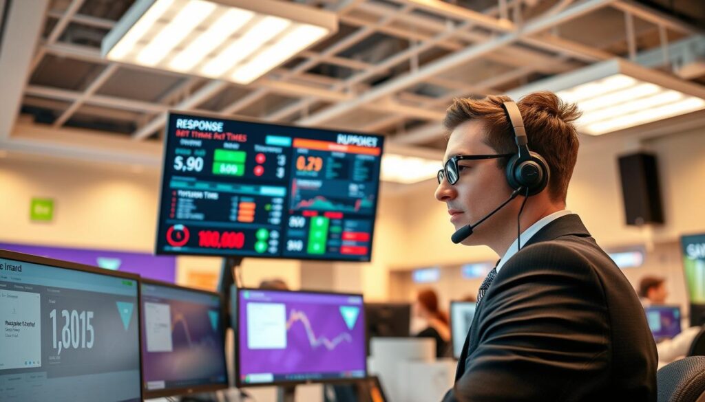 A sleek, modern sportsbook customer support center, bustling with activity. In the foreground, a professional customer support agent, wearing a smart business attire, is engaged in a conversation over the phone, displaying a focused expression. In the middle, a dual-monitor setup showcases a colorful digital display of response times, statistics, and troubleshooting resources, reflecting the dynamic nature of customer support in sports betting. The background features a bright, open space with subtle branding related to sports and betting, conveying a friendly atmosphere. The lighting is warm and inviting, casting a soft glow across the room from overhead fluorescents, enhancing the sense of professionalism and efficiency. The angle is slightly elevated, providing a comprehensive view of the support station that embodies responsiveness and reliability.