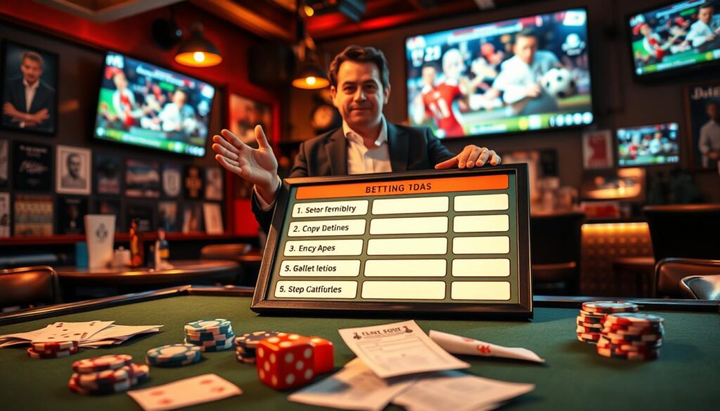 A vibrant and engaging quiz scene focused on betting terminology, featuring a stylishly designed quiz board with questions and answers laid out. In the foreground, an authentic gambling setup with poker chips, dice, and a betting slip, conveying a sense of excitement. In the middle, a knowledgeable host in professional attire stands beside the quiz board, gesturing towards it with enthusiasm, inviting viewers to participate. The background showcases a lively sports bar atmosphere with dim lighting, decorated with sports memorabilia and a large screen displaying various sporting events. This composition should evoke a friendly yet competitive atmosphere, encouraging viewers to test their knowledge of betting terms. The lighting should be warm and inviting, highlighting both the host and the quiz board while maintaining an overall focus on the interactive nature of the quiz.