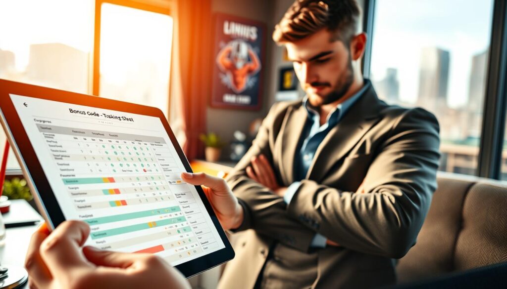 A visually engaging and informative image illustrating the concept of "bonus code guide tracking progress." In the foreground, a stylishly designed digital tablet displays a detailed bonus code tracking sheet, including progress bars and checklists. To the side, a confident new sports bettor dressed in smart casual attire examines the tablet with a focused expression. In the middle ground, a cozy, well-lit workspace with a desk, sports memorabilia, and a motivational poster subtly enhances the theme of dedication and achievement. In the background, a large window reveals a blurred cityscape, suggesting a bustling environment. The lighting is warm and inviting, creating an atmosphere of optimism and goal-oriented determination, captured with a close-up perspective.