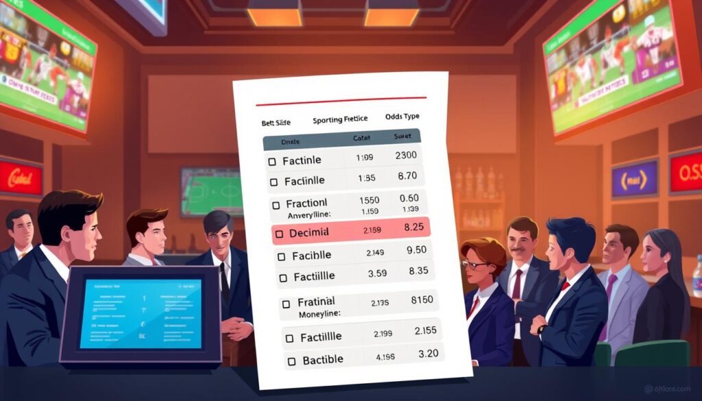 A visually engaging illustration of common sportsbook definitions and odds types, designed for an educational article. In the foreground, a sleek betting slip and a digital odds display screen, showcasing various odds formats (like fractional, decimal, and moneyline) in vivid colors. The middle layer features a diverse group of people, dressed in professional business attire, attentively discussing betting strategies, with expressions of focus and curiosity. The background consists of a dimly lit sports bar atmosphere with screens showing live sports events, casting a warm glow. The scene is captured from a slightly elevated angle, emphasizing the interactions among people and the dynamic betting environment, evoking a sense of excitement and learning in sports betting.