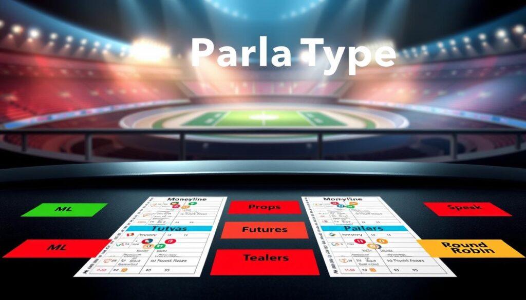 A visually engaging infographic illustrating various sports betting parlay types. In the foreground, depict a sleek, modern table covered with betting slips showcasing terms like "ML" for moneyline, "Spread," "Total," "Props," "Futures," "Parlays," "Teasers," and "Round Robin," each with distinct colors and icons representing their function. In the middle ground, include an abstract depiction of a sports arena, hinting at excitement and competition. The background should feature a subtle gradient representing a thrilling atmosphere, with soft lighting emphasizing key areas of the table. Capture the scene from a slightly elevated angle, creating depth. The mood is informative yet dynamic, inviting readers to learn more about these betting concepts without distractions or text overlays.