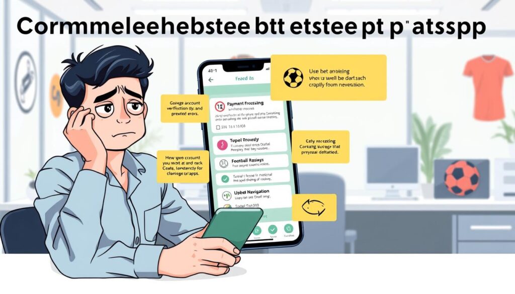 A visually engaging scene depicting common beginner betting app issues in a clean and organized layout. In the foreground, a frustrated user in casual yet professional attire, sitting at a desk with a smartphone displaying a betting app. They have a puzzled expression, highlighting confusion. In the middle, a large smartphone screen showcasing common issues like account verification errors, payment processing delays, and unclear navigation, represented through symbolic icons, all while keeping the details clear and concise. The background features a modern office setting with subtle hints of sporting events, like a soccer ball and a football jersey, illustrated softly to create a relatable atmosphere. Soft, natural lighting illuminates the scene, enhancing clarity and focus on the user and the smartphone. The mood is informative yet conveys a sense of camaraderie in difficulties faced by beginners.