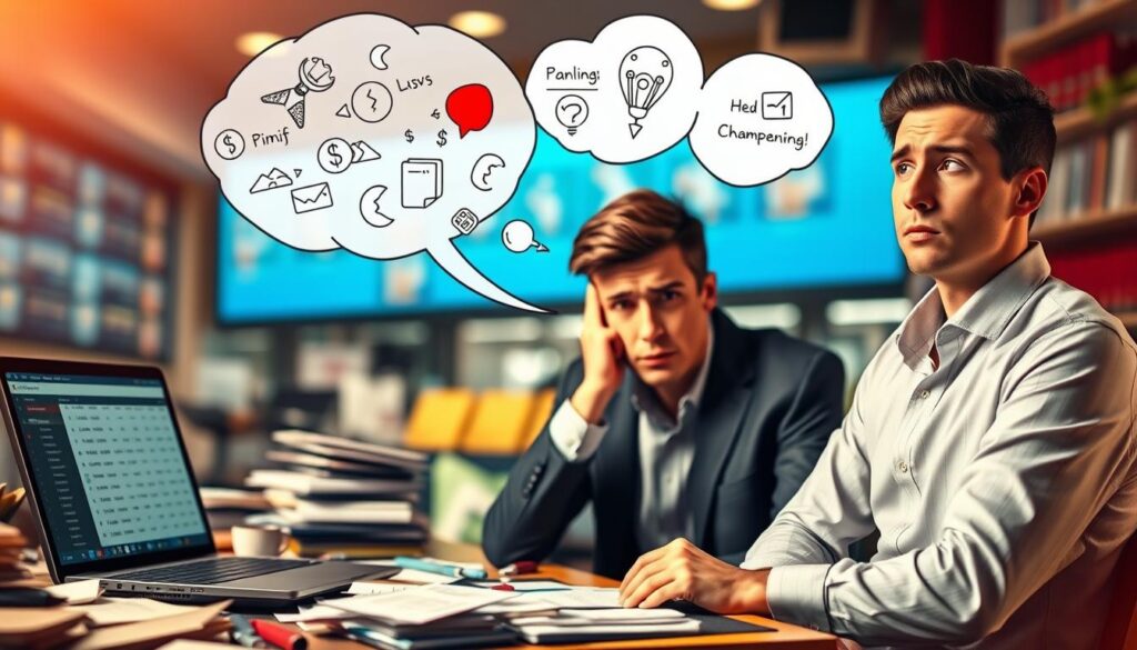 A visually striking illustration of beginner mistakes in bankroll management for betting. In the foreground, a confused young adult, dressed in smart casual attire, sits at a cluttered desk covered with betting slips, a calculator, and a laptop displaying a financial dashboard of losses. In the middle ground, a thought bubble appears above their head, illustrating common pitfalls, like overspending and emotional decision-making, represented by chaotic icons and symbols. The background features a soft-focus image of a betting shop or a sports event ambience, hinting at the allure of betting. The lighting is warm and inviting, creating a sense of urgency yet hope, with a slight vignette effect to draw focus toward the subject's face, capturing their concern and determination to improve their financial habits.