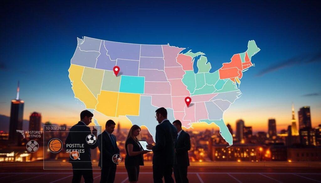 An aerial view of North America showcasing legal sports betting states, highlighted with vibrant colors depicting state borders. In the foreground, a digital map interface with geolocation markers indicating betting locations, while nearby, a diverse group of professional individuals in business attire is discussing strategies over a tablet. The middle ground includes icons of popular sports like football and basketball, symbolizing betting opportunities. The background displays a soft-focus city skyline under a twilight sky, adding a dynamic yet calm mood. Use warm, inviting lighting to enhance the sense of accessibility and promote a positive atmosphere for sports enthusiasts. Capture a balanced composition, with a slight upward angle to create depth and focus on the interactive digital elements.