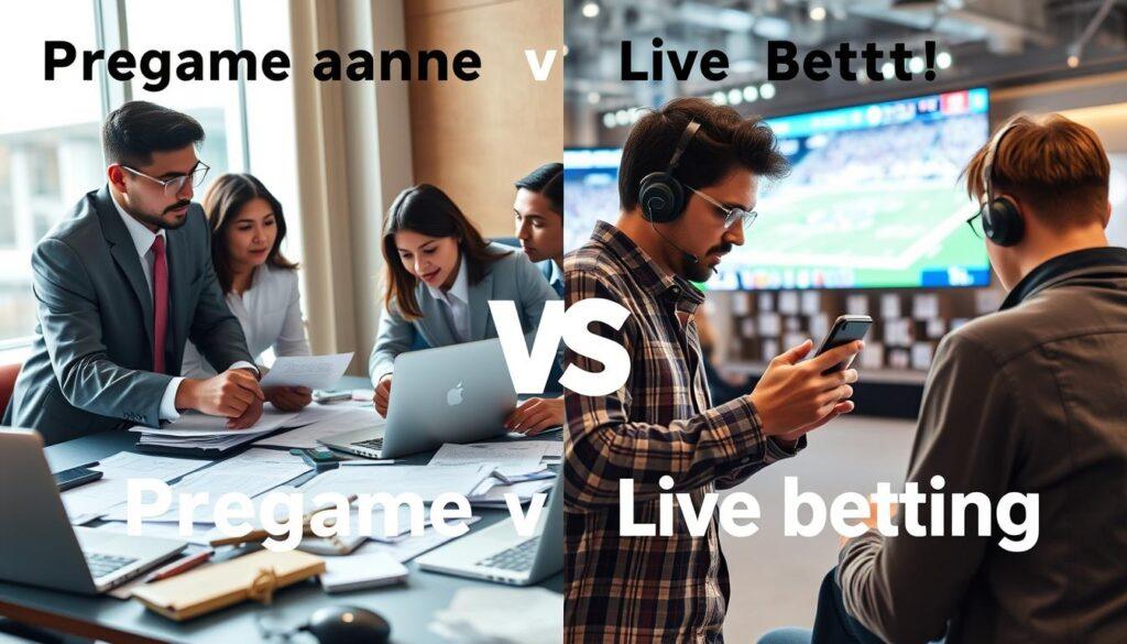 An engaging split-panel image illustrating "pregame vs live betting comparison." In the foreground, on the left, depict a diverse group of three individuals, dressed in professional business attire, discussing strategies around a table cluttered with sports betting papers and laptops, showcasing pregame betting. On the right panel, feature a dynamic scene of a person immersed in a mobile betting app interface, with live sports visible on a large screen in the background. Use bright, natural lighting to create an energetic atmosphere, with a focus on the contrasting settings—markedly more laid-back in the live betting scene. Capture the excitement of the moment with a slightly tilted angle for a dynamic perspective. The image should evoke a sense of urgency and anticipation that characterizes both betting environments.