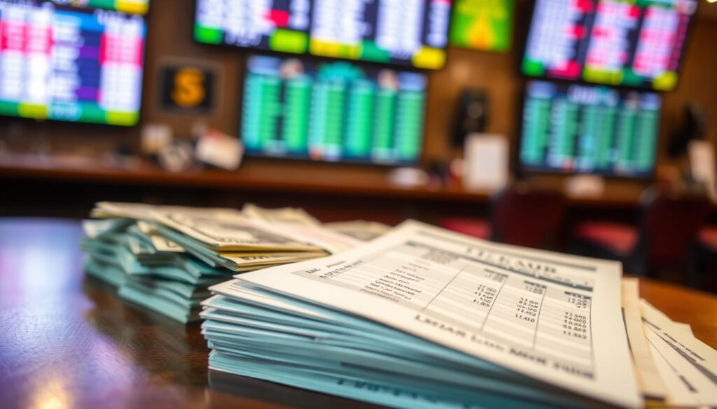 A close-up view of a stack of betting slips and money, representing the margin or "juice" in sports betting. In the foreground, focus on a crisp betting slip with highlighted odds and profit margins, partially crumpled to suggest real use. The middle ground features a blurred pile of cash, emphasizing the financial aspect, with a subtle gradient of green hues to reflect the monetary theme. In the background, a slightly out-of-focus sportsbook environment with monitors displaying betting lines, creating an immersive atmosphere. The lighting should be warm yet focused, mimicking a cozy yet professional setting, while using a shallow depth of field to direct attention to the betting slip and cash, evoking a sense of financial strategy and insight into sports betting.
