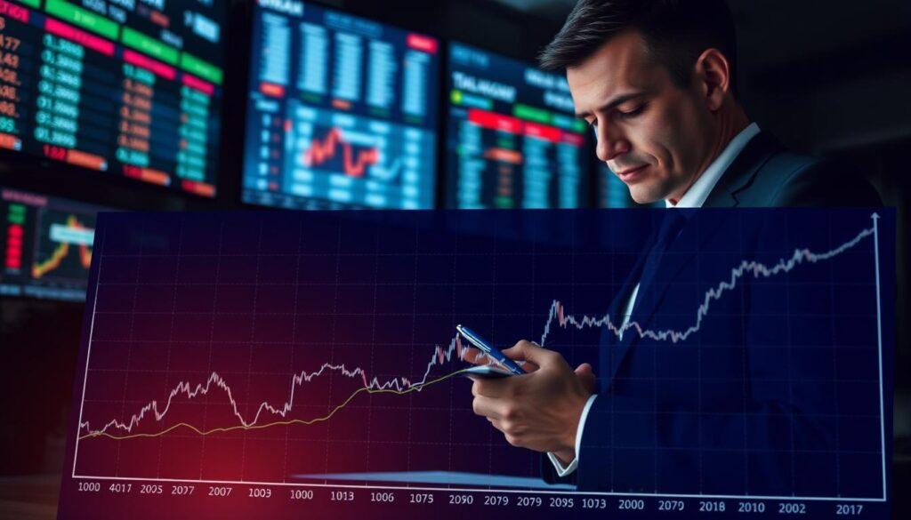 A detailed and informative illustration of a closing line value chart related to spread betting. In the foreground, a crisp and clear graph showing fluctuating lines and data points on a midnight blue background, emphasizing market moves over time. In the middle ground, a professional individual in business attire studies the chart intently, with a notepad and pen in hand to take notes. The background features softly blurred financial screens displaying live betting data and market trends, with a moody, analytical atmosphere. Use dim, focused lighting to enhance the seriousness of the environment, with a subtle spotlight illuminating the graph to draw the viewer's attention to the intricacies of closing line value analysis. The angle should be slightly overhead, capturing the subject's concentration as they engage with the data.