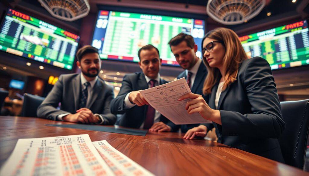 A detailed point spread betting example scene. In the foreground, a wooden betting table displaying a betting slip with vibrant numbers and point spread annotations highlighted in red. In the middle ground, a diverse group of three professional individuals—two men and one woman, all in business attire—intently discussing betting strategies, with one pointing at the betting slip, showcasing a clear focus on key numbers. The background features a sophisticated sportsbook setting with large screens displaying live sports events and betting odds. Soft, ambient lighting creates a vibrant yet focused atmosphere, emphasizing the seriousness of the betting discussion. The angle captures both the interactions at the table and the dynamic environment of the sportsbook.