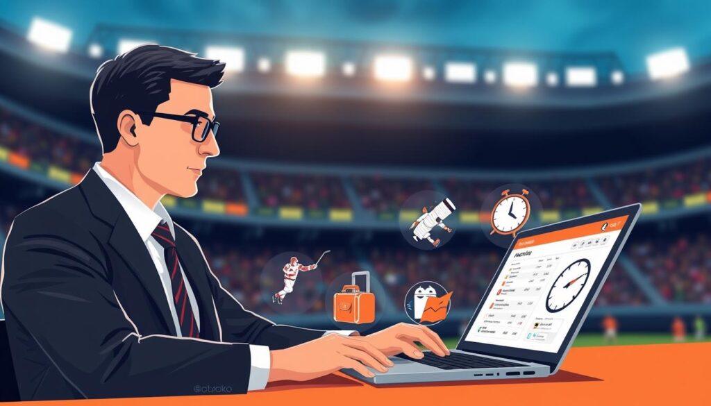 A dynamic and informative illustration of "moneyline betting factors" for a sports-focused article. In the foreground, depict a professional-looking sports analyst in business attire, intently studying a laptop displaying betting odds and statistics. In the middle ground, showcase elements representing key factors influencing moneyline shifts: visually represented icons for injuries (a bandaged athlete), a quarterback and a goalie (in action poses), travel (a suitcase and a map), and rest (a clock showing time). In the background, a blurred stadium setting captures the excitement of sporting events, with bright stadium lights illuminating the scene. Use a warm color palette to evoke energy and focus, and create a sense of urgency. The angle should be slightly tilted for a dynamic perspective, enhancing the feeling of movement in the betting world.